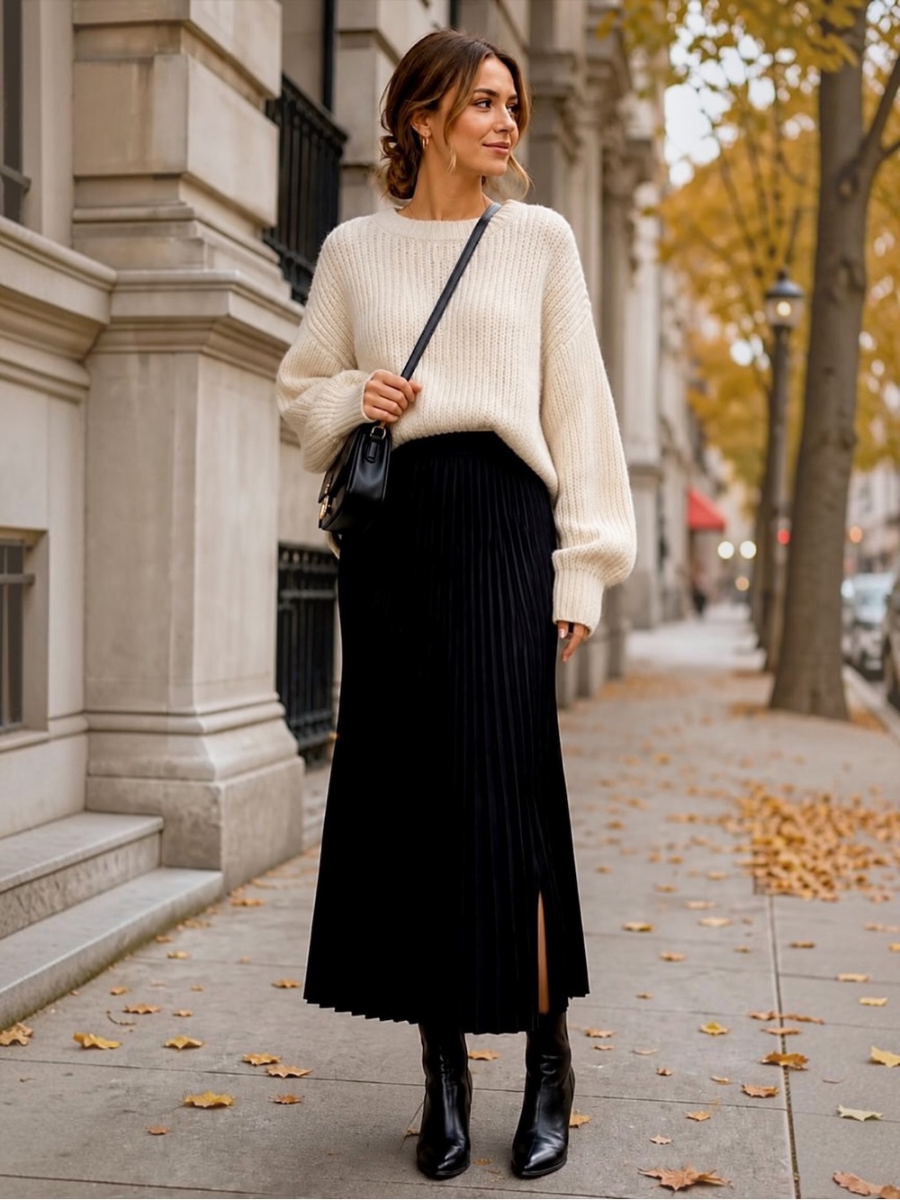 Black Pleated Knit Midi Skirt Side Slit Quiet Luxury Dark Academia Office Goth M - Picture 4 of 7
